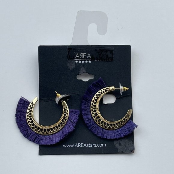 AREA Jewelry Earrings Gold Tone hoops Post Purple Fringe Fabric - Picture 3 of 12